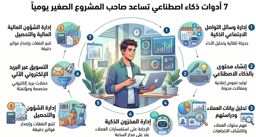 7 أدوات ذكاء اصطناعي تُسهّل التسويق، المحتوى، خدمة العملاء وإدارة العمل. دليل عملي لرواد الأعمال والشركات الناشئة لاختيار الأداة الأنسب.