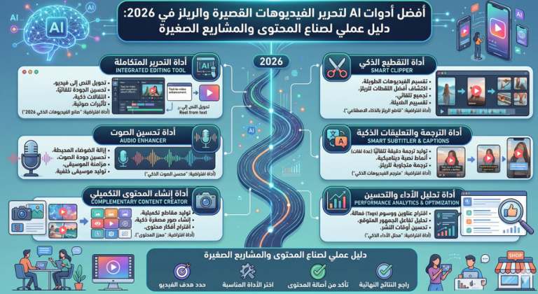 اكتشف أفضل أدوات AI لتحرير الفيديوهات القصيرة والريلز في 2026 مع خطة اختيار سريعة للمشاريع الصغيرة والشركات الناشئة لزيادة الإنتاجية.