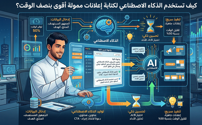 تعلّم استخدام الذكاء الاصطناعي في كتابة الإعلانات الممولة: زوايا رسائل، عناوين، ونسخ جاهزة للاختبار A/B خلال دقائق—بدون فقدان صوت علامتك.