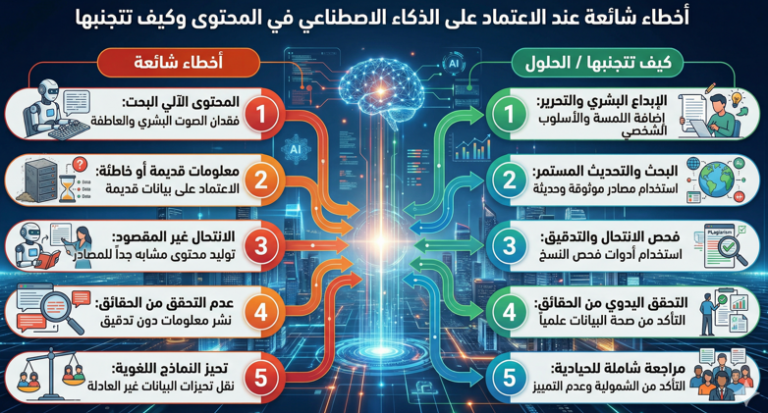 تجنّب أبرز أخطاء الذكاء الاصطناعي في كتابة المحتوى والإعلانات بخطوات عملية تناسب المشاريع الصغيرة والشركات الناشئة وصنّاع المحتوى.