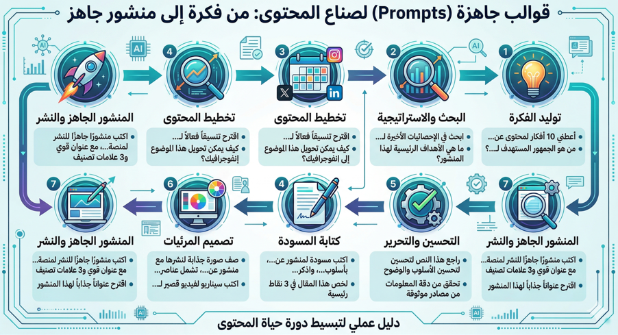 حوّل أي فكرة إلى منشور جاهز خلال دقائق: قوالب Prompts عملية، أخطاء شائعة، ونماذج لإعلانات وتسويق تناسب المشاريع الصغيرة والشركات الناشئة.